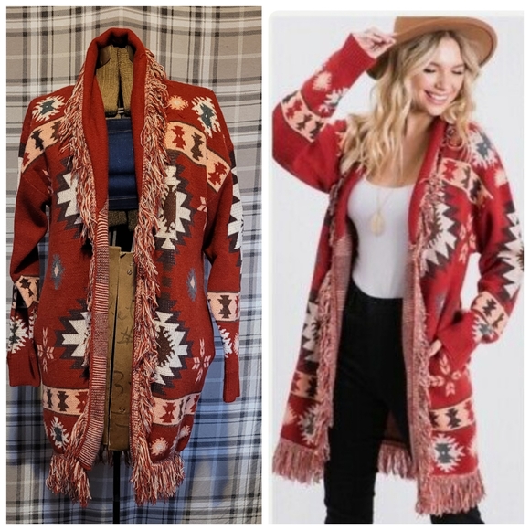 SOLD OUT MEDIUM Tribal Print Aztec Fringe Red Brick Oversized Cardigan - Picture 3 of 9